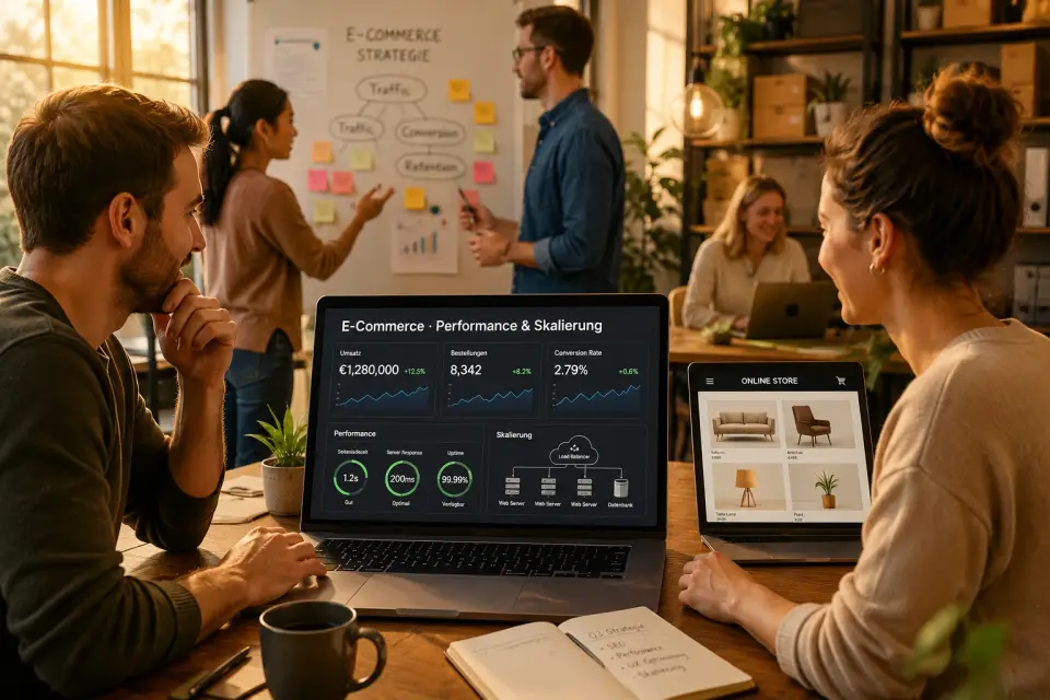 Team bespricht E-Commerce-Strategie vor einem Laptop mit Performance- und Skalierungs-Dashboard