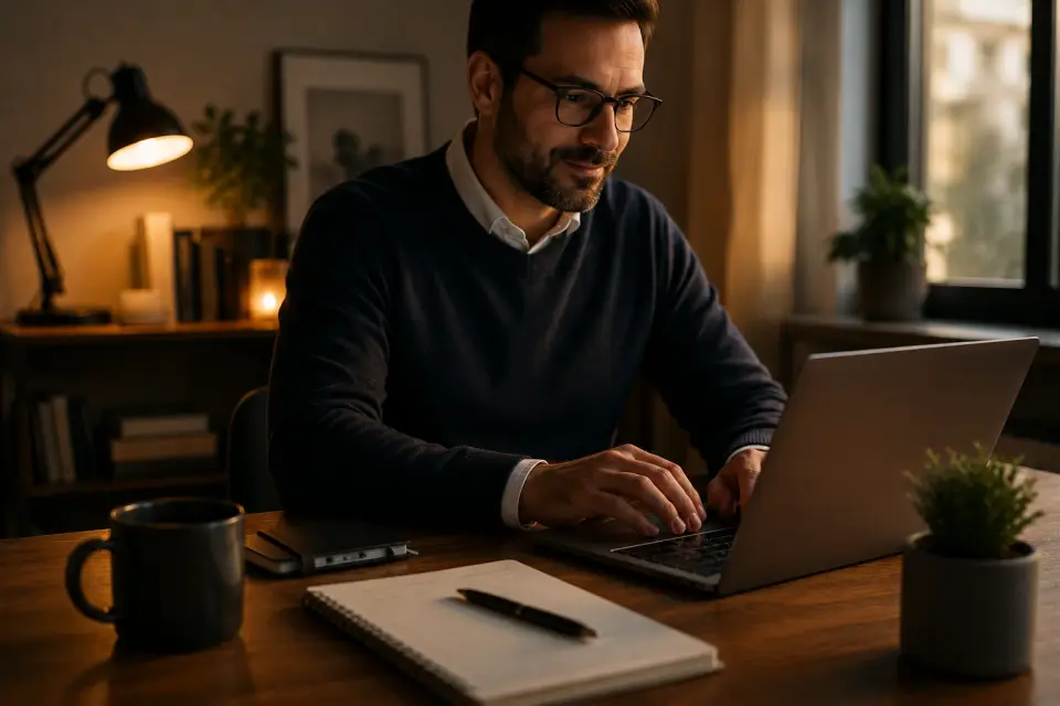 Mann arbeitet abends konzentriert am Laptop im warm beleuchteten Büro